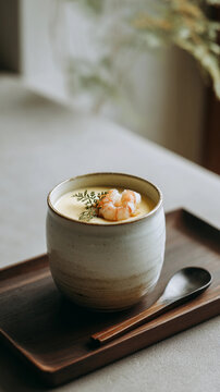 photo of chawanmushi with shrimp, a silky Japanese savory egg custard served in a traditional ceramic cup