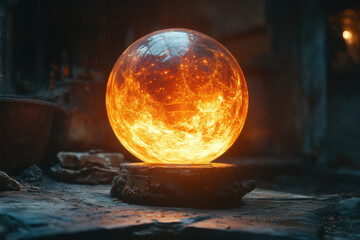 Glowing sphere on rock in dark room.