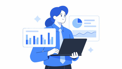 Businesswoman with laptop and data charts