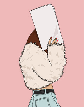 Beautiful Woman In Winter Fashion Style Fur Jacket  and Denim Trousers Covering her face with a Blank Paper Isolated on Pink Background