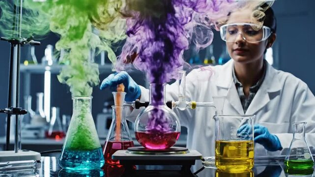 Scientist in laboratory conducting chemical experiment with glassware and colored liquids science research