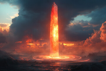 Large red tower in desert surrounded by lava.