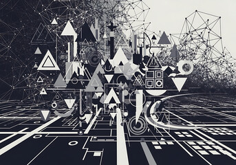Abstract Black White Geometric Shapes Network Background Design Element
