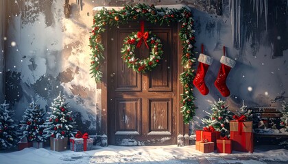 outdoors christmas door with wreaths and stockings 