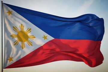 Waving Philippine Flag with Blue White Red Colors and Golden Sun and Stars