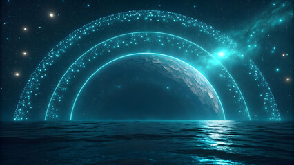 A deep blue planet Earth glows in space against a night horizon where sunlight and moon rays create an abstract reflection on the clouds above a vast nature landscape of waves and ocean water