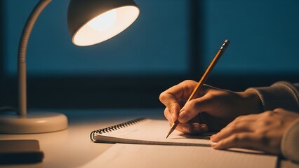 Person's hands writing with a pencil in a notebook under a desk lamp