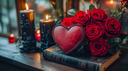 Romantic still life with red roses, heart, and candles on an old book