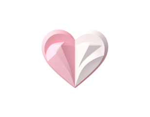 A glossy, split heart gem with pink and white faceted halves
