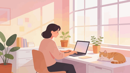 Woman working with cat on desk