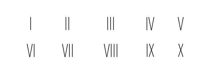 Set of black Roman numerals from one to ten in minimalist style