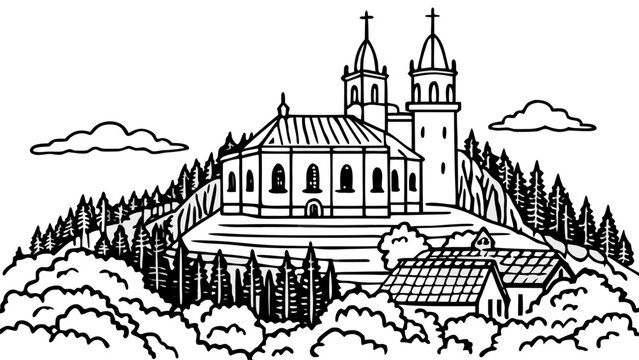 Very beautiful aerial view of Holy Hill in Wisconsin, featuring a medieval-style church atop a wooded hill, rising above surrounding countryside with spiritual presence and striking architectural symm