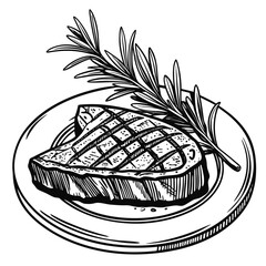 Grilled steak with rosemary garnish on a white plate delicious meal