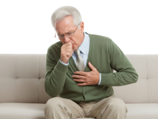 Senior man experiencing chest pain and discomfort sitting on a sofa isolated transparent background