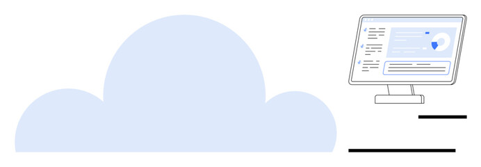 Cloud computing, remote access, data analytics, cybersecurity, cloud storage, IT solutions. Large cloud shape next to a desktop screen displaying data. Cloud computing and remote access concept