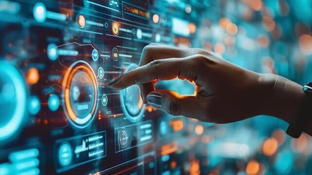The hand presses on a virtual interface with holographic buttons, illustrating innovation and digital technology, which would be suitable as a background for presentations of IT start-ups or futuristi