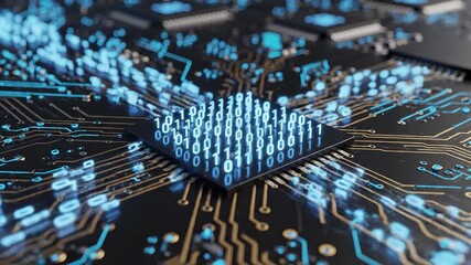Futuristic microchip on a circuit board with glowing blue binary code representing data processing artificial intelligence and advanced computing technology symbolizing innovation and digital connect. - Powered by Adobe