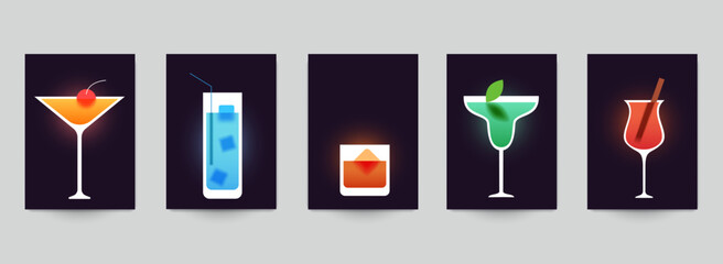 Set of abstract silhouette cocktails with alcohol or juice in minimalistic geometric flat style. Creative colorful composition. Concept for branding menu, cover, flyer, banner. Vector illustration.