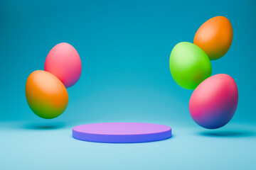 Colorful flying Easter eggs around purple podium 3D.