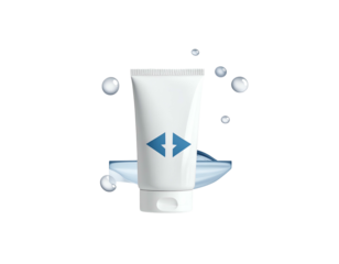 White cosmetic tube with blue arrows, water splash, and bubbles