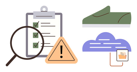 Magnifying glass on checklist, warning sign, cloud with folder, and shoe display risk evaluation, compliance, safety, digital storage, productivity, auditing and mobility as simple flat metaphor