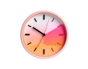 A pink round clock with a colorful gradient face and black hands