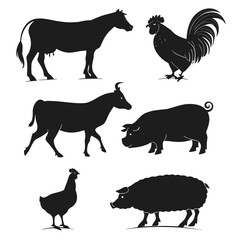 Silhouettes of various farm animals including cow rooster goat pig chicken and sheep