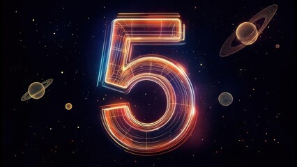 Digital numeral 5, glowing with vibrant colors and holographic lines, set against a starry, cosmic background with planets