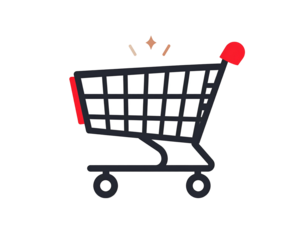 A stylized empty shopping cart icon with red trim and gold sparks