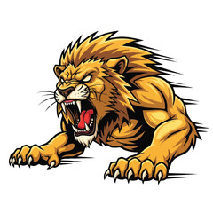 Angry lion mascot vector illustration is depicted in a dynamic 2D flat style, roaring fiercely and ready to attack, isolated on a clean white background.