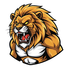 A fierce lion mascot with a muscular body and an angry, aggressive face is presented as a bold 2D flat vector illustration isolated on a clean white background.
