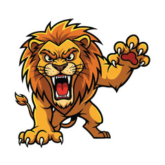Angry lion mascot with a fierce expression ready to attack, presented as a dynamic flat 2D vector illustration isolated on a clean white background.