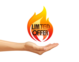 A hand holds a flaming 'limited offer' symbol in its open palm.