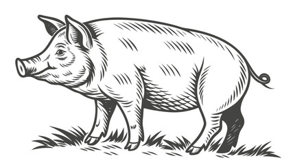 Fototapeta premium Illustrated Pig Walking on Grass in Black and White Line Art Style