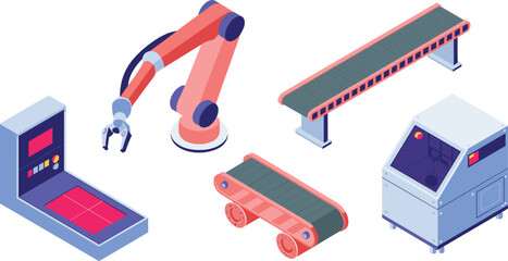 Isometric industrial automation illustration, robotic arm, conveyor belts, manufacturing equipment, factory production line, smart industry technology, engineering process