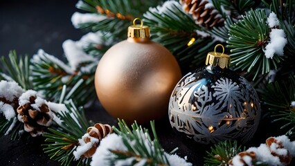 Festive holiday ornaments nestled among frosted pine needles, soft snowfall accents, warm glowing lights, cozy winter mood, elegant Christmas composition black background