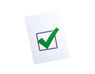 A tilted white document features a large green checkmark in a box