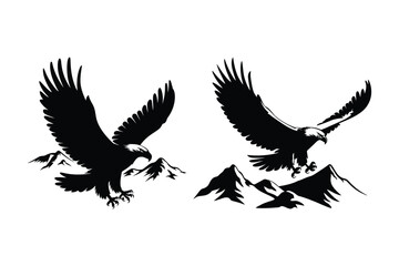 Two powerful eagle illustrations in flight over mountains, presented in black and white silhouette.