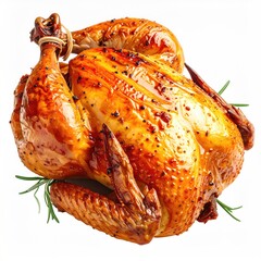 A perfectly roasted chicken, glistening, with sprigs of herbs