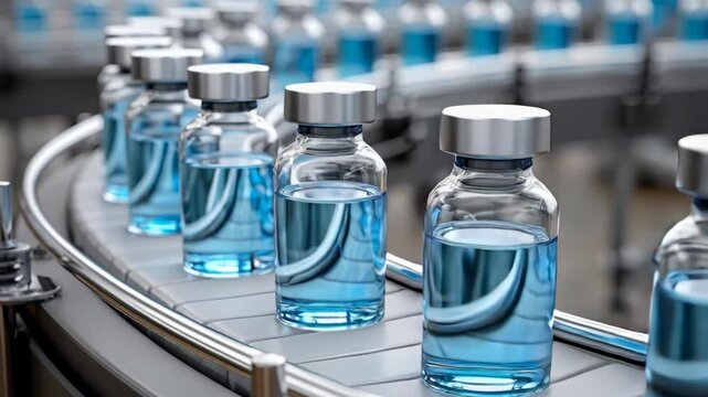 Pharmaceutical vials with blue liquid moving on a conveyor belt in a modern medical production facility.