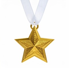 Golden star-shaped medal hanging by white ribbon, isolated on white