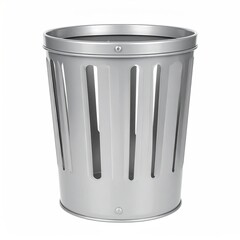 Shiny, metallic waste receptacle with vertical slots and a rolled rim