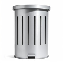Metallic silver trash bin with vertical slots, foot pedal, and lid