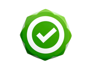 A green, scalloped 3D seal with a white checkmark in a circle