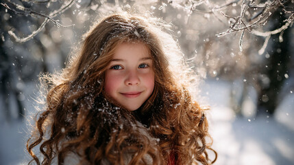Smiling girl stands in a snowy forest creating a winter portrait
