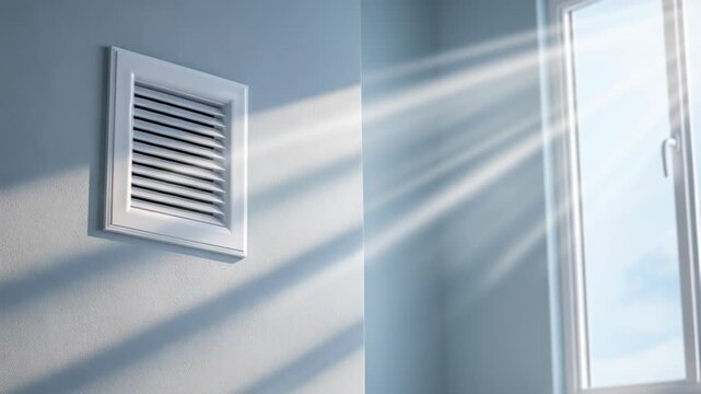 Sunbeams stream into a room, illuminating a white ventilation grille mounted on a light blue interior wall.