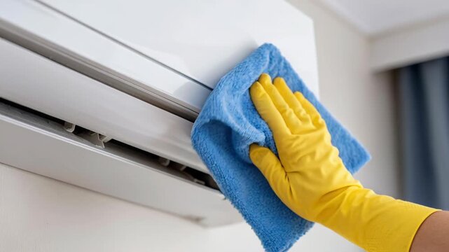 A close-up shot of a hand in a yellow rubber glove carefully wiping the surface of a wall-mounted AC unit with a blue microfiber towel, focusing on maintenance and hygiene.