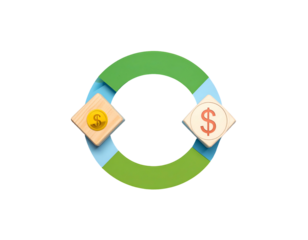 A green circular path with two wooden blocks showing money flow