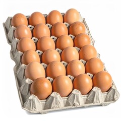 Brown eggs neatly arranged in a cardboard egg carton, isolated
