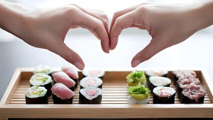 Two hands forming a heart symbol above a wooden tray of assorted sushi rolls, representing love for Japanese cuisine and a romantic dining experience together.